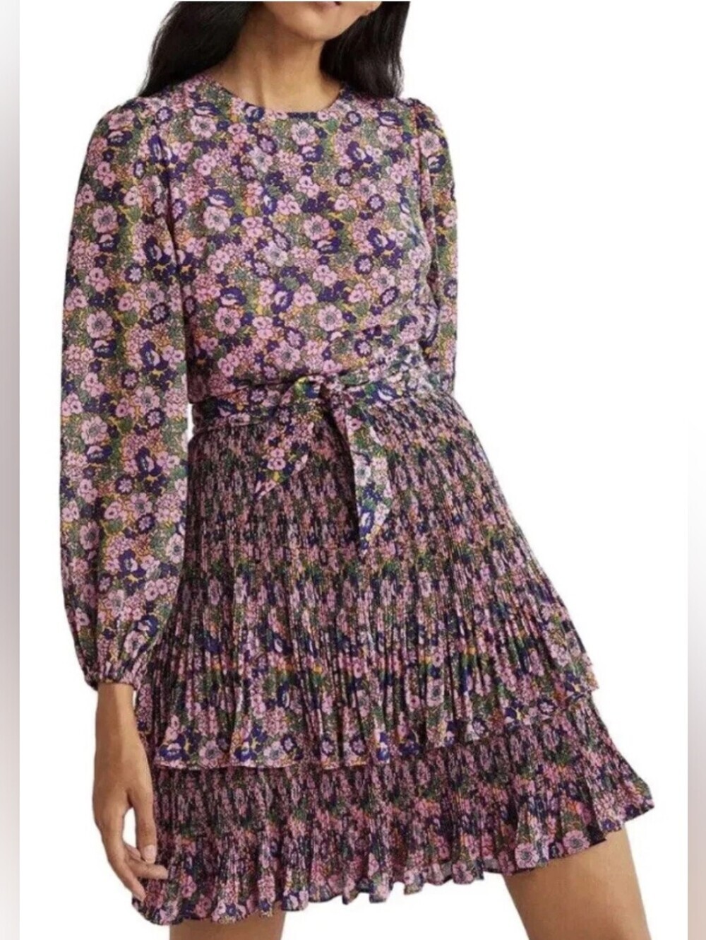 Boden Plissé Floral Mini Dress Pink Purple Tiered Tie Waist Romantic Cottagecore